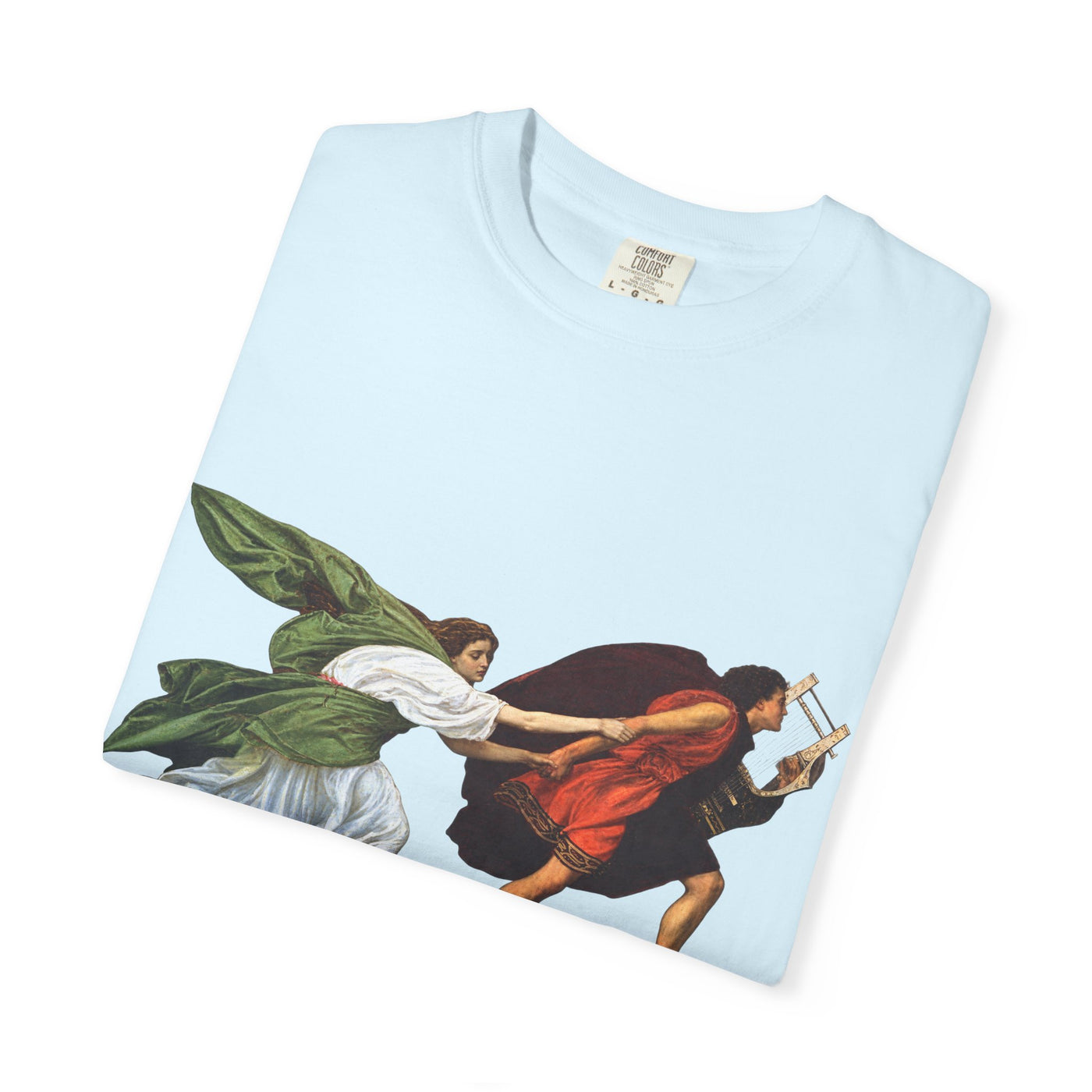 Orpheus and Eurydice mythology T-shirt with “One Last Look” classical illustration on a garment-dyed unisex T-shirt, product view