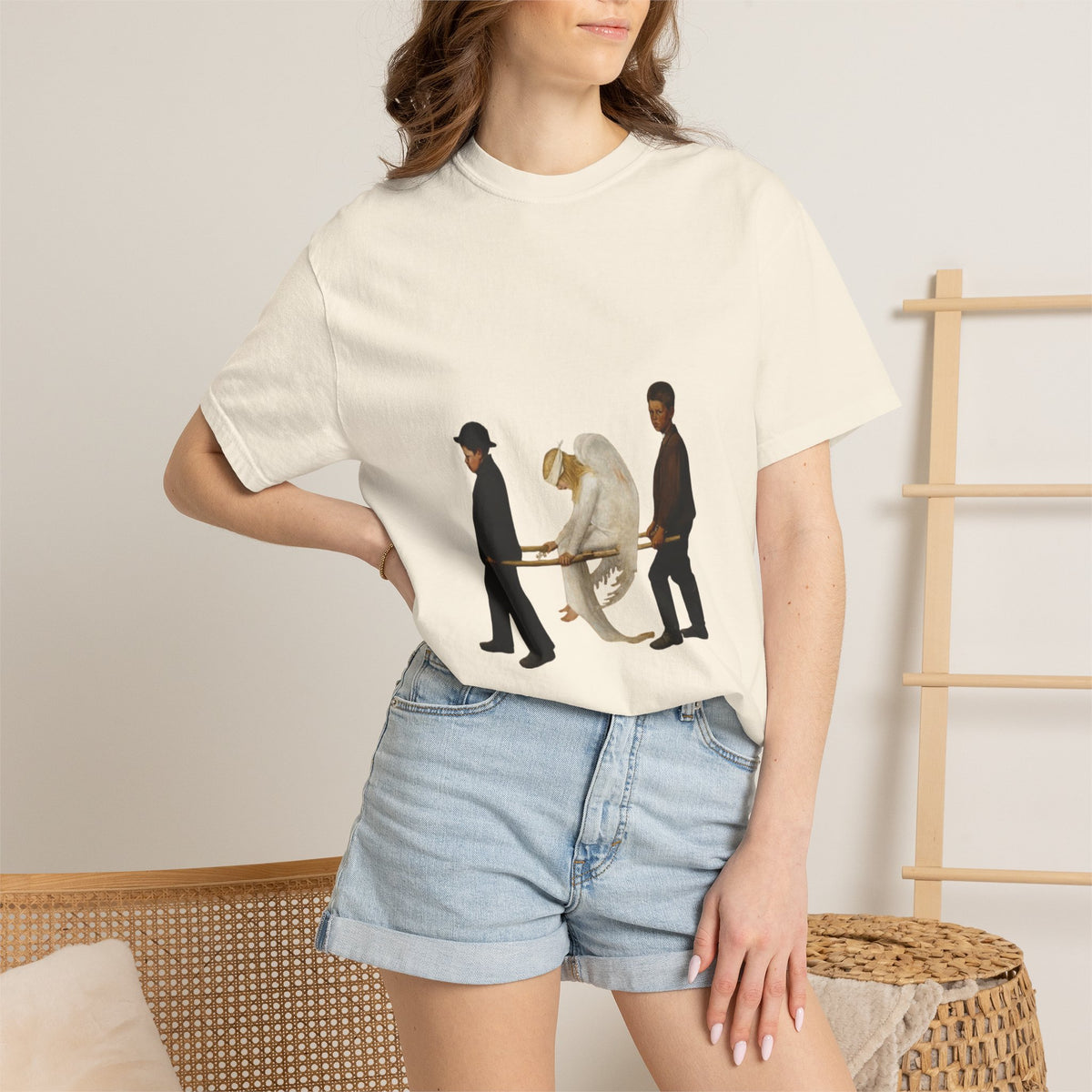 The Wounded Angel Hugo Simberg T-shirt in Ivory on a model