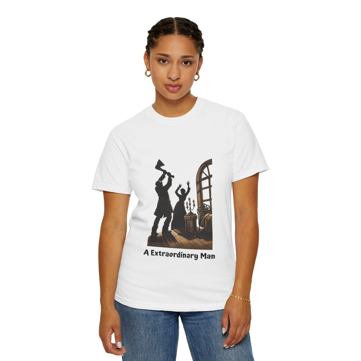 Crime and Punishment 'An Extraordinary Man' T-shirt in White on a model, front view