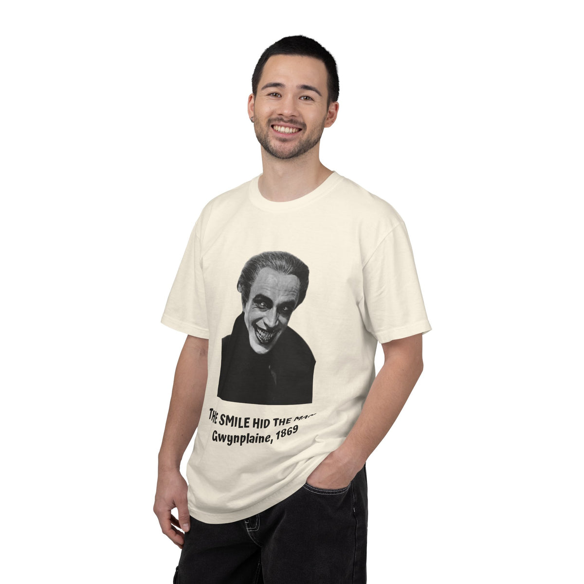 The Man Who Laughs literary T-shirt with Gwynplaine portrait and “The Smile Hid the Man” on a garment-dyed unisex T-shirt, product view