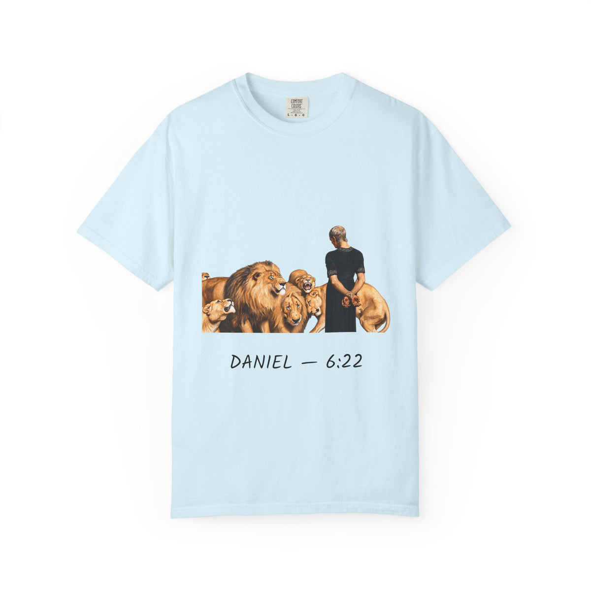 Daniel 6:22 Christian T-shirt showing Daniel standing peacefully among lions on a garment-dyed unisex T-shirt, product view