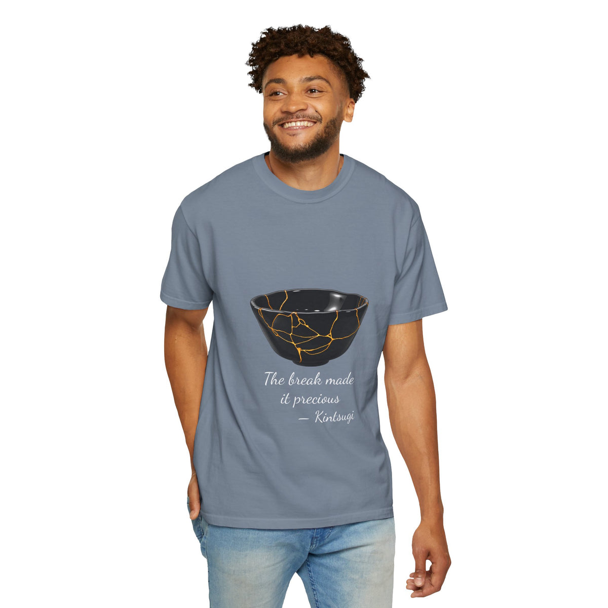 Kintsugi 'The break made it precious' T-shirt in Blue Jean on a model