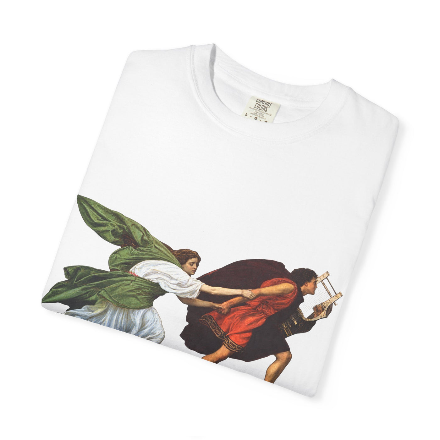Orpheus and Eurydice mythology T-shirt with “One Last Look” classical illustration on a garment-dyed unisex T-shirt, product view