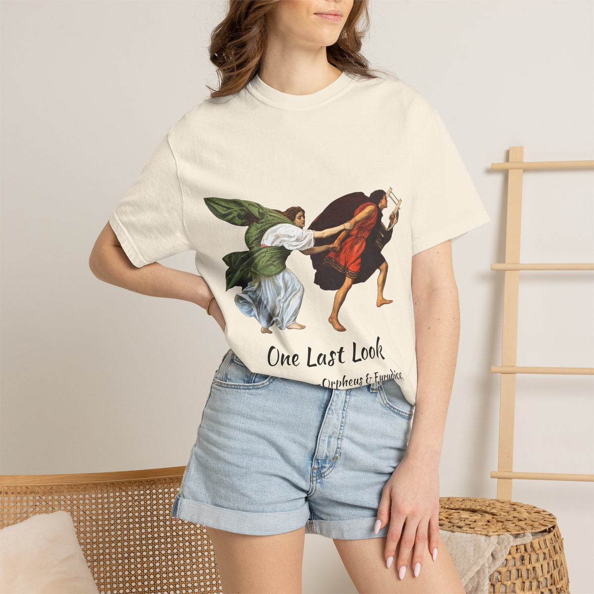 Orpheus and Eurydice mythology T-shirt with “One Last Look” classical illustration on a garment-dyed unisex T-shirt, product view