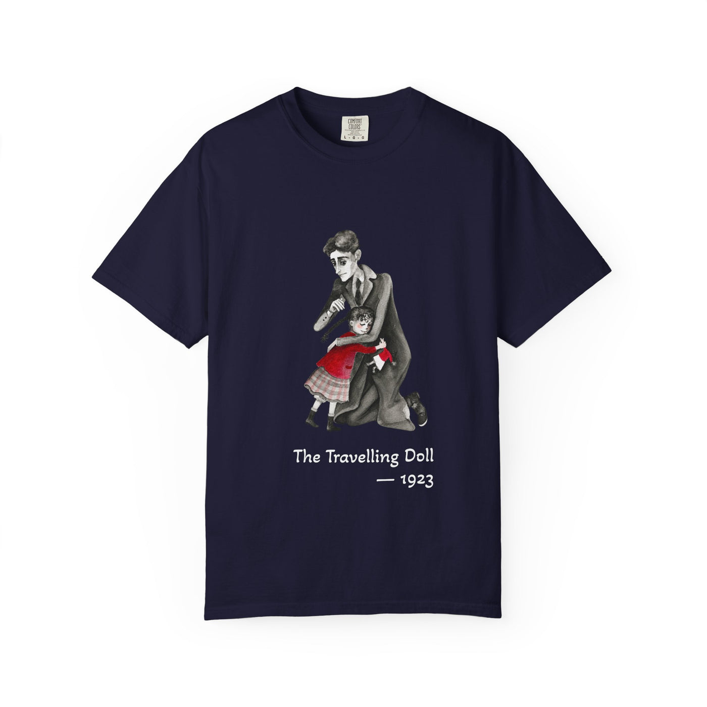 Kafka and the Travelling Doll literary T-shirt with a vintage storyteller illustration on a garment-dyed unisex T-shirt, product view