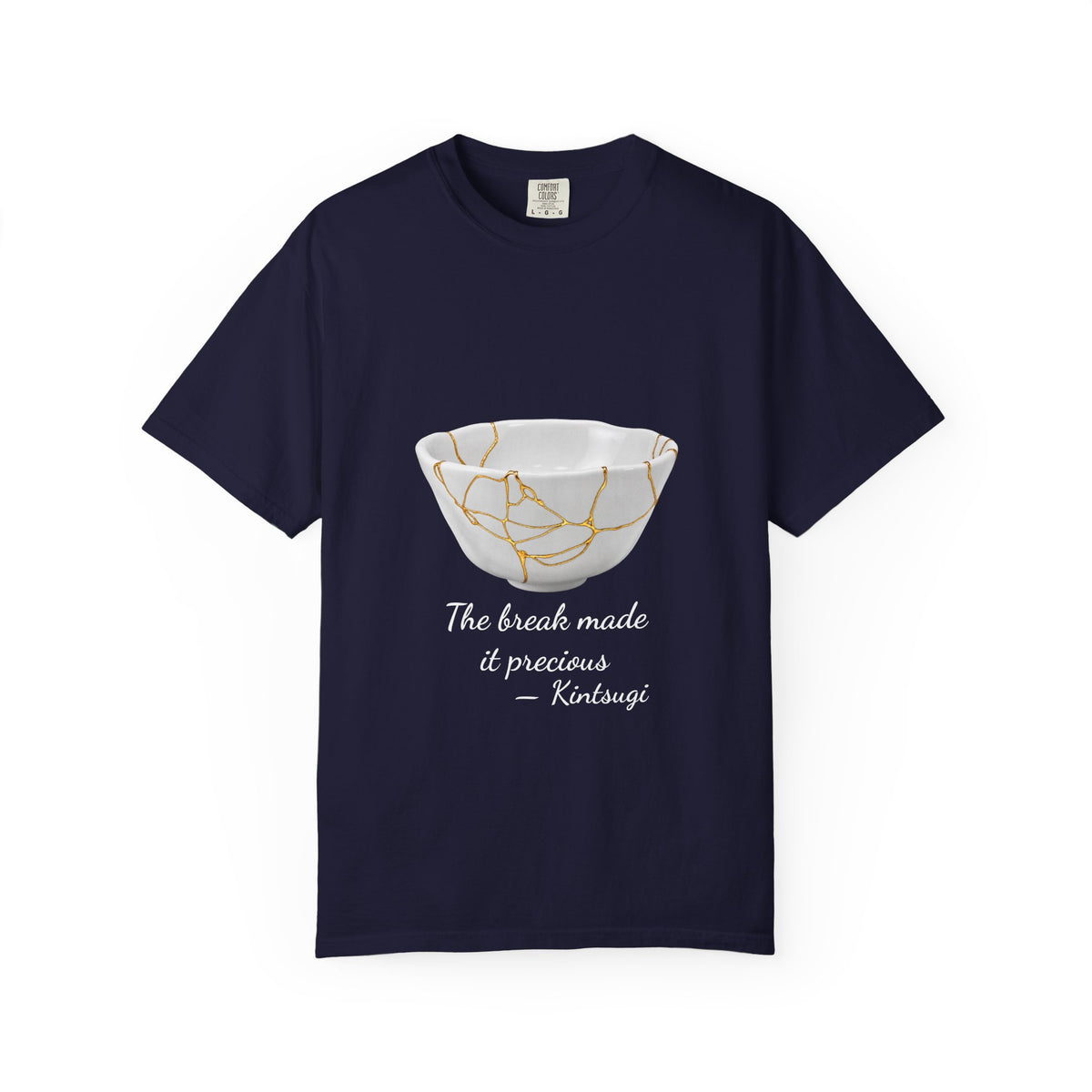 Kintsugi 'The break made it precious' T-shirt in True Navy, garment-dyed unisex tee