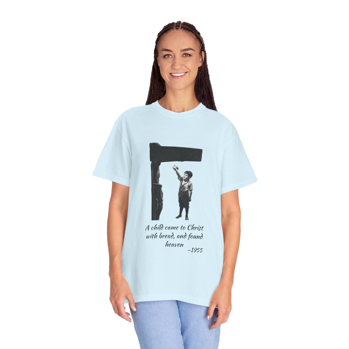 Marcelino Bread and Wine T-shirt in Chambray blue on a model