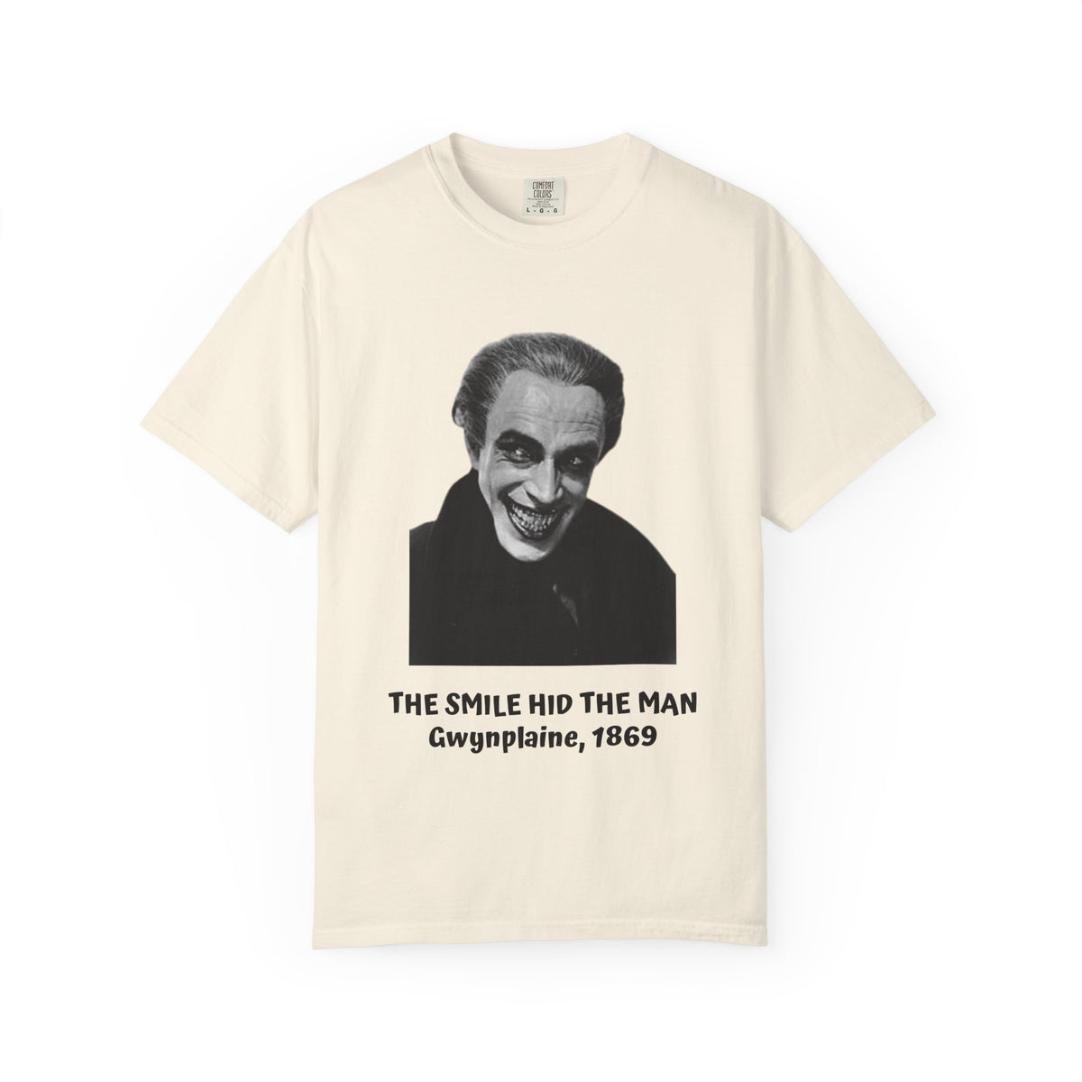 The Man Who Laughs Gwynplaine T-shirt in Ivory — 'The Smile Hid the Man' design, garment-dyed unisex tee