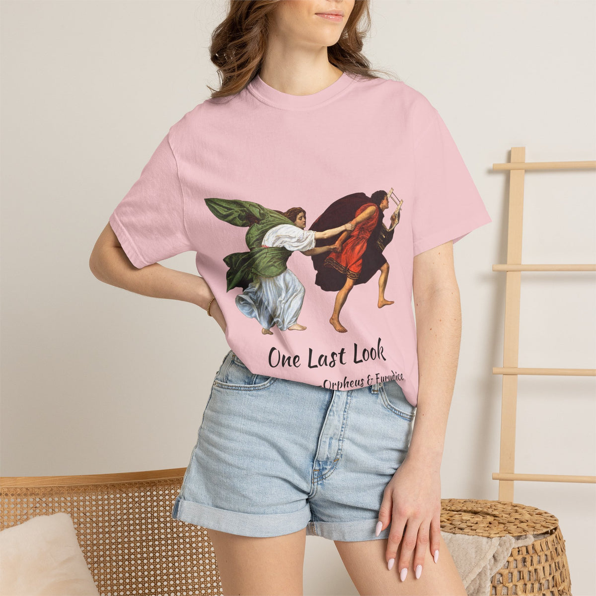 Orpheus and Eurydice mythology T-shirt with “One Last Look” classical illustration on a garment-dyed unisex T-shirt, product view