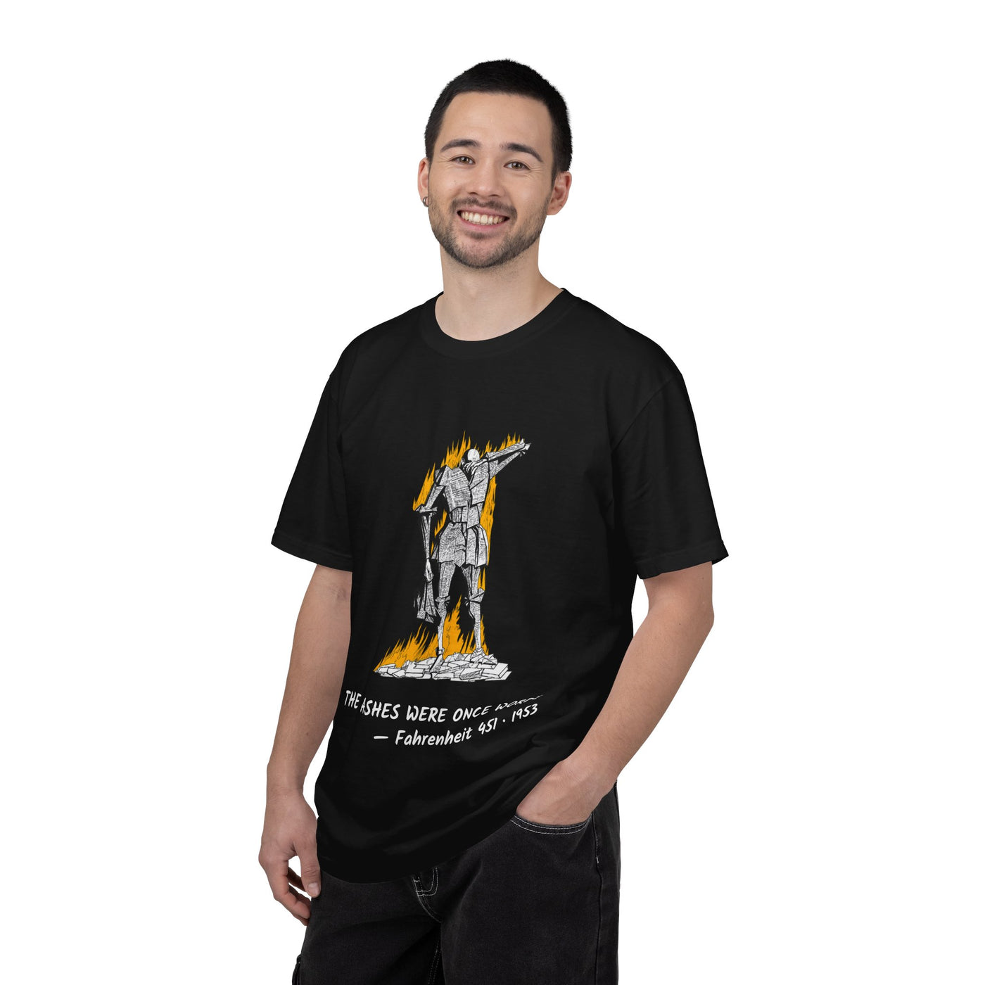 Fahrenheit 451 literary T-shirt with burning pages and “The Ashes Were Once Words” design on a garment-dyed unisex T-shirt, product view