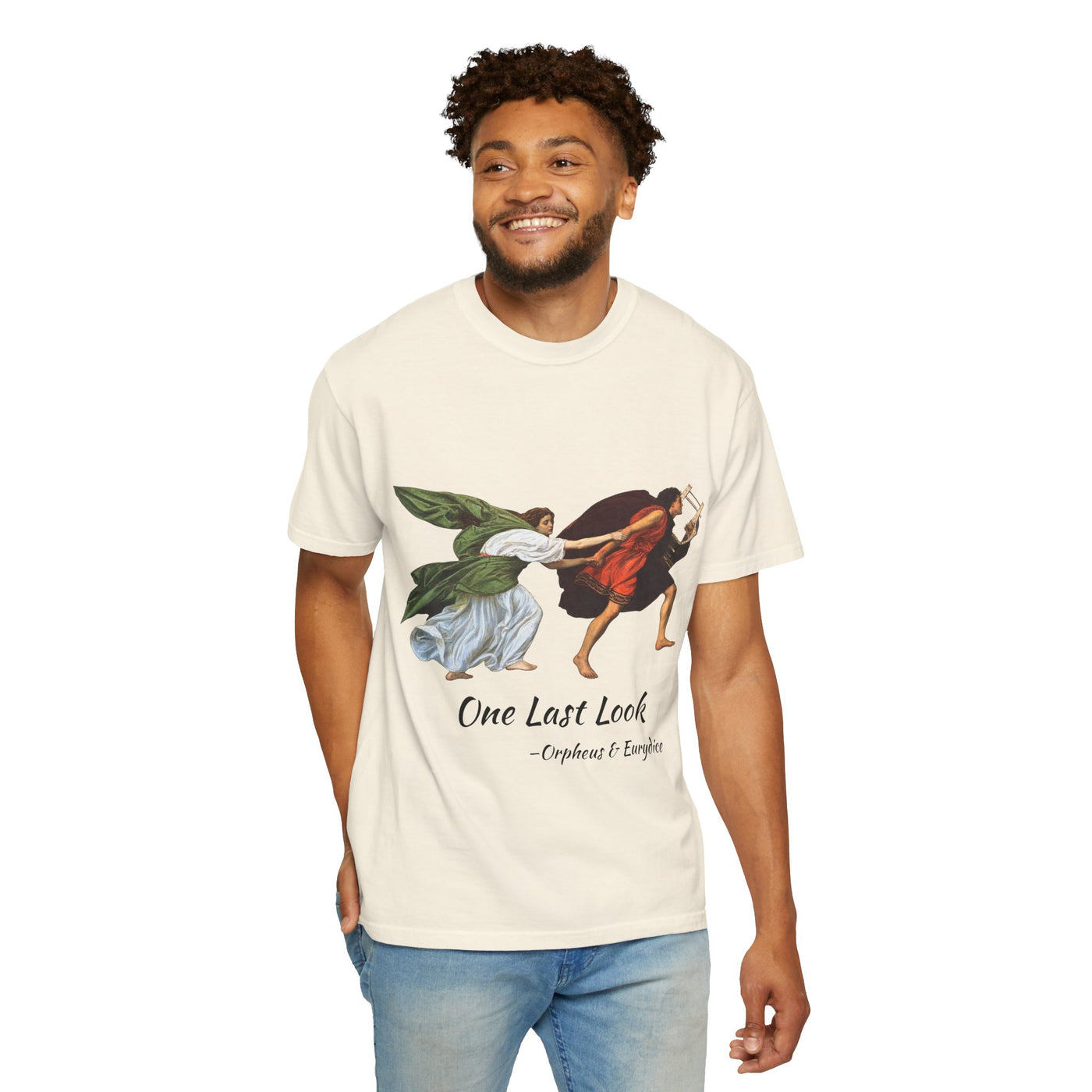 Orpheus and Eurydice mythology T-shirt with “One Last Look” classical illustration on a garment-dyed unisex T-shirt, product view