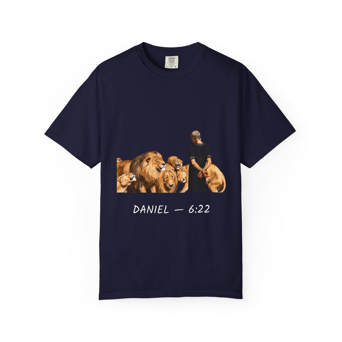 Daniel 6:22 Christian T-shirt showing Daniel standing peacefully among lions on a garment-dyed unisex T-shirt, product view