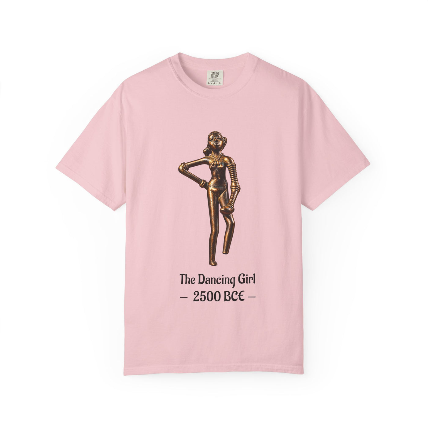 Dancing Girl of Mohenjo-daro T-shirt with the Indus Valley bronze figure and 2500 BCE design on a garment-dyed unisex T-shirt, product view