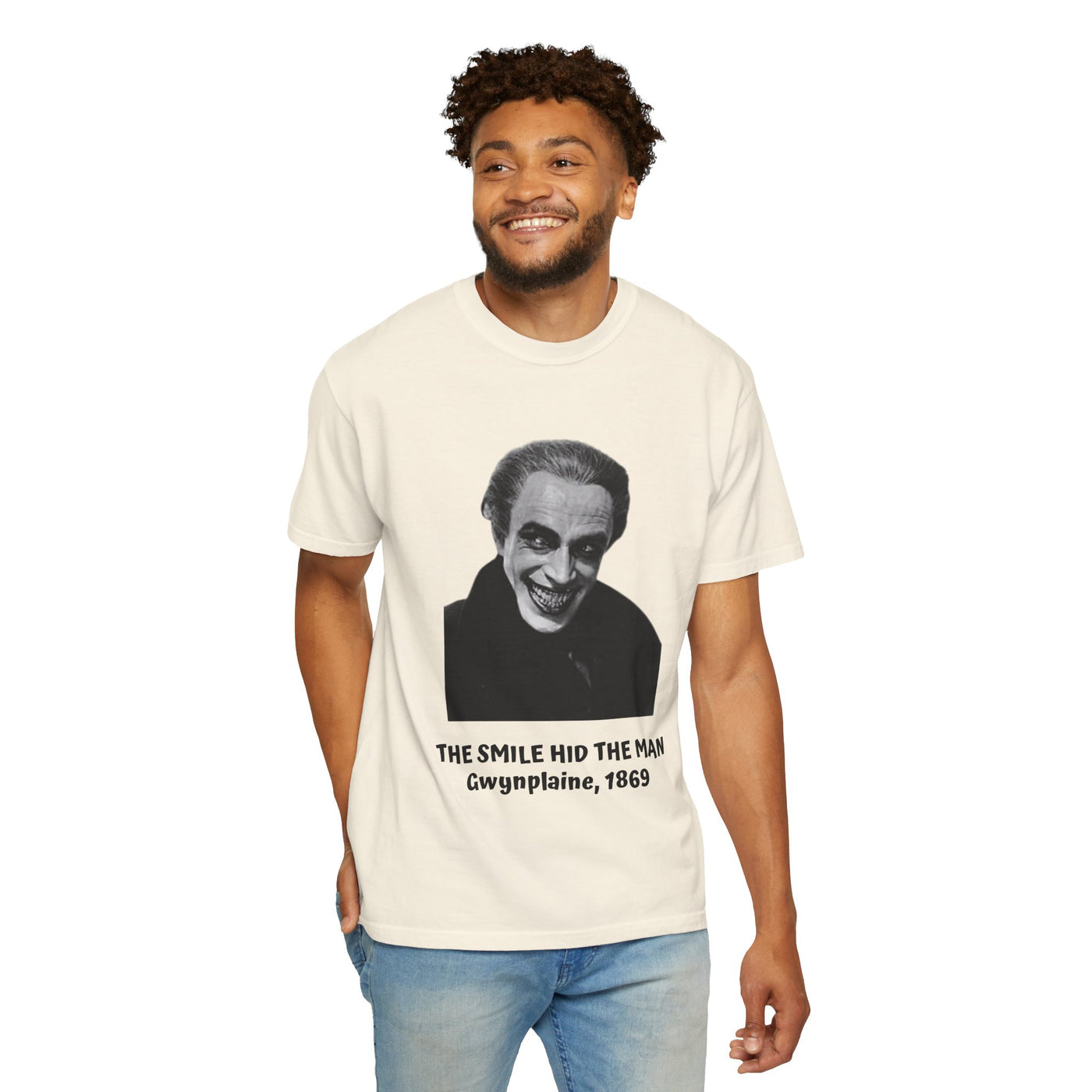 The Man Who Laughs literary T-shirt with Gwynplaine portrait and “The Smile Hid the Man” on a garment-dyed unisex T-shirt, product view
