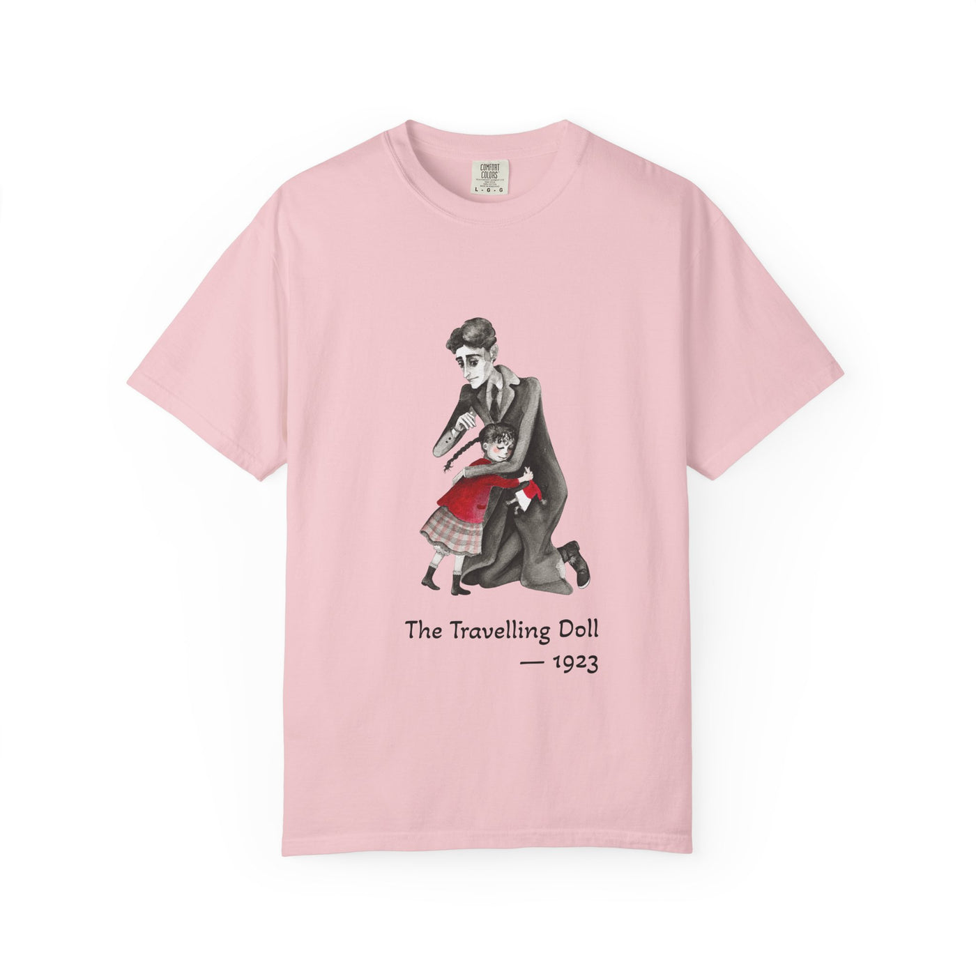Kafka and the Travelling Doll literary T-shirt with a vintage storyteller illustration on a garment-dyed unisex T-shirt, product view