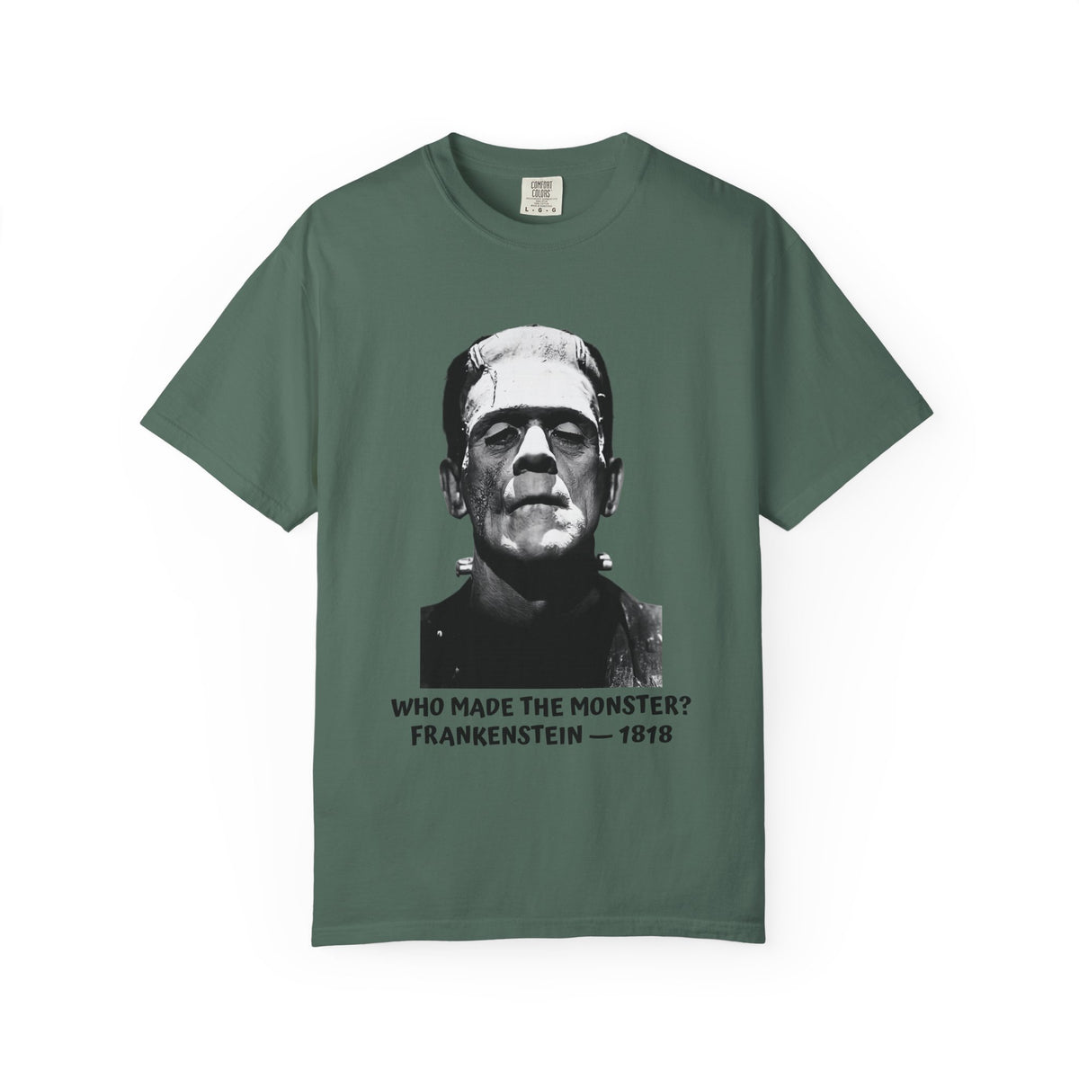 Frankenstein literary T-shirt with a vintage monster portrait and “Who Made the Monster?” on a garment-dyed unisex T-shirt, product view