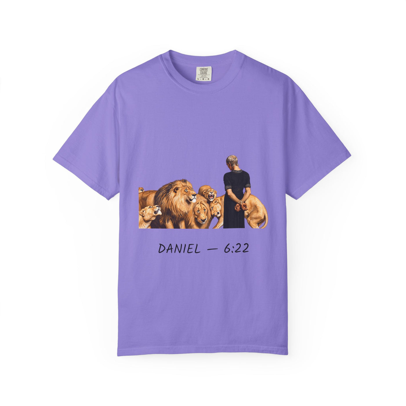 Daniel 6:22 Christian T-shirt showing Daniel standing peacefully among lions on a garment-dyed unisex T-shirt, product view