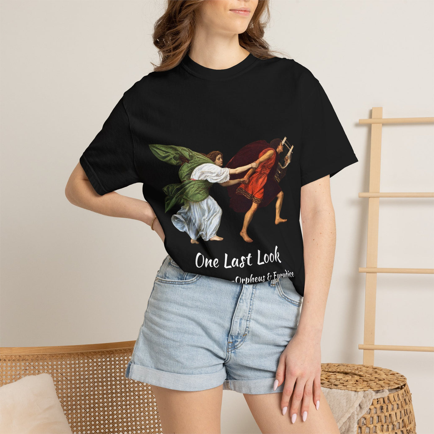 Orpheus and Eurydice mythology T-shirt with “One Last Look” classical illustration on a garment-dyed unisex T-shirt, product view