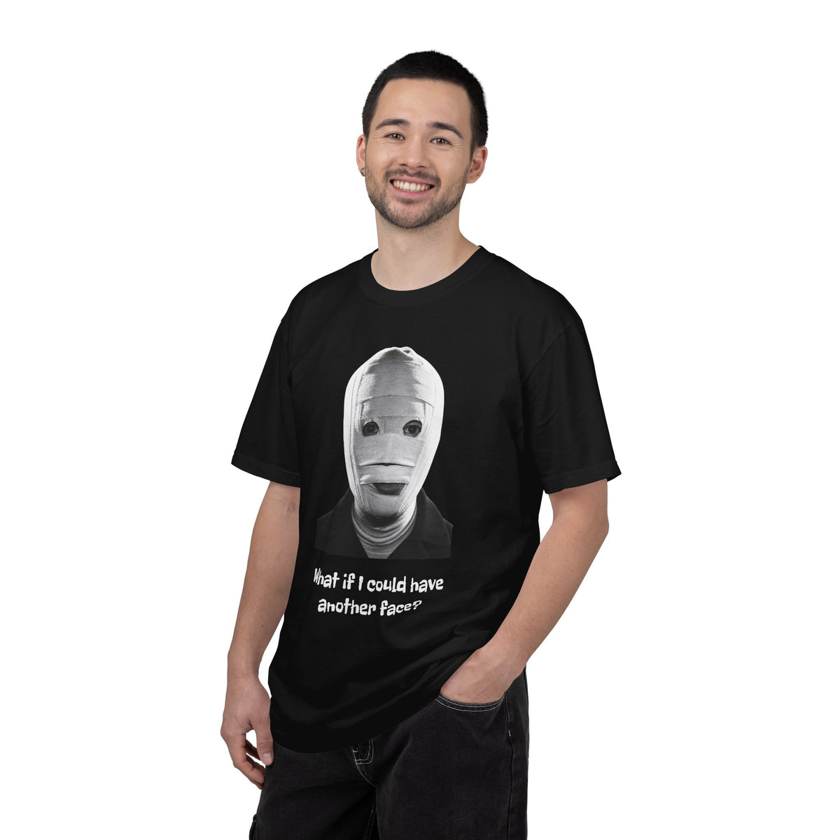The Face of Another literary T-shirt with a bandaged mask and existential question on a garment-dyed unisex T-shirt, product view