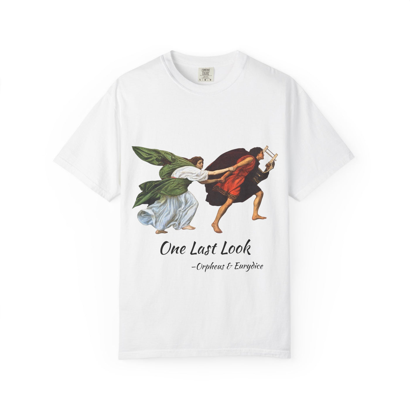 Orpheus and Eurydice mythology T-shirt with “One Last Look” classical illustration on a garment-dyed unisex T-shirt, product view
