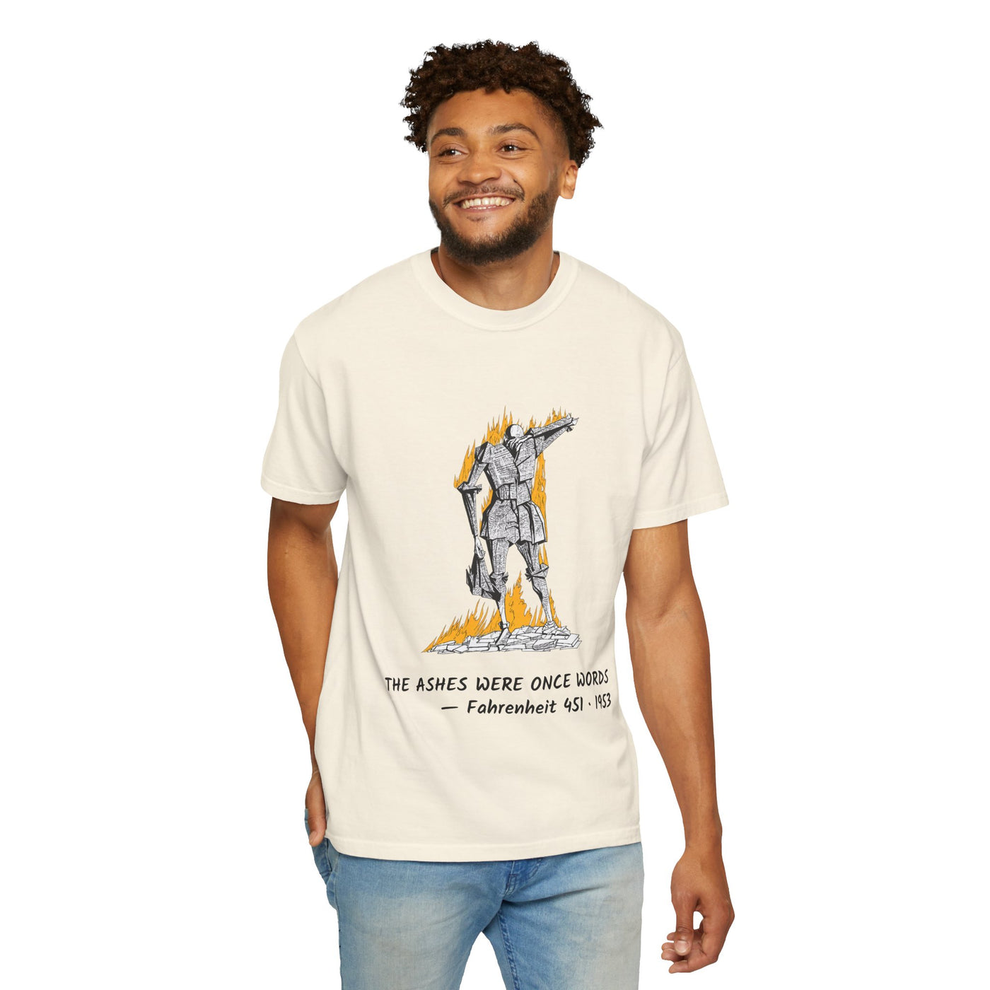 Fahrenheit 451 literary T-shirt with burning pages and “The Ashes Were Once Words” design on a garment-dyed unisex T-shirt, product view
