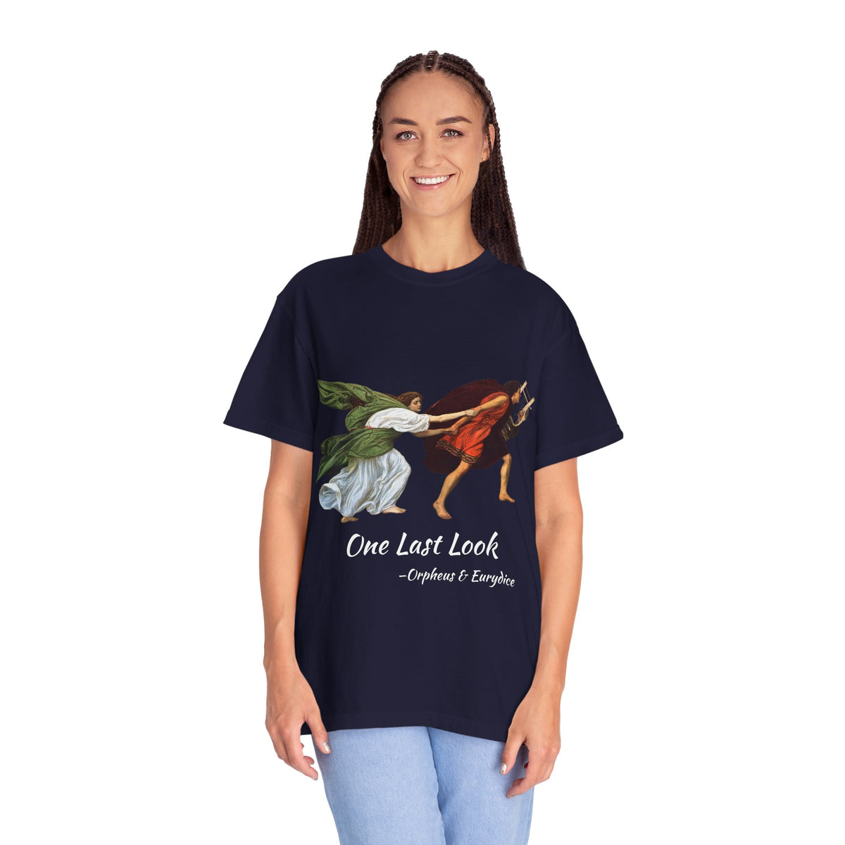 Orpheus and Eurydice mythology T-shirt with “One Last Look” classical illustration on a garment-dyed unisex T-shirt, product view