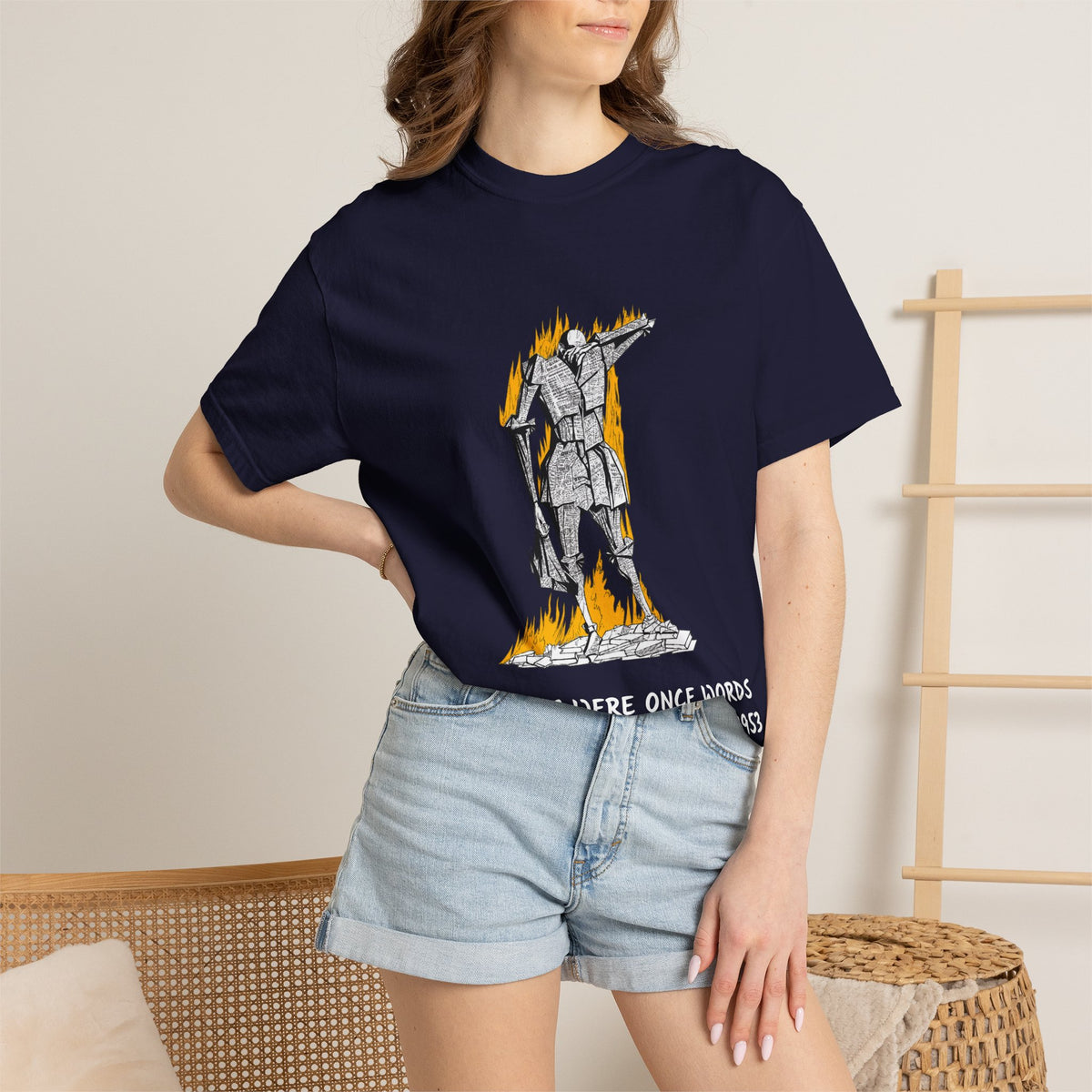 Fahrenheit 451 literary T-shirt with burning pages and “The Ashes Were Once Words” design on a garment-dyed unisex T-shirt, product view