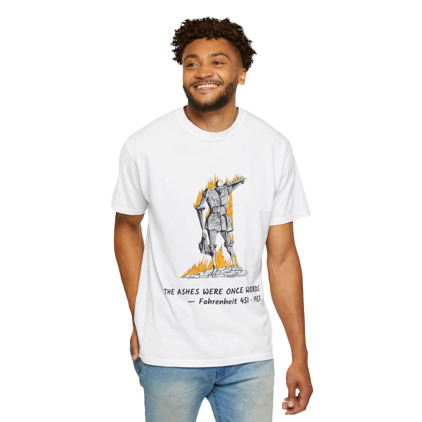 Fahrenheit 451 literary T-shirt with burning pages and “The Ashes Were Once Words” design on a garment-dyed unisex T-shirt, product view