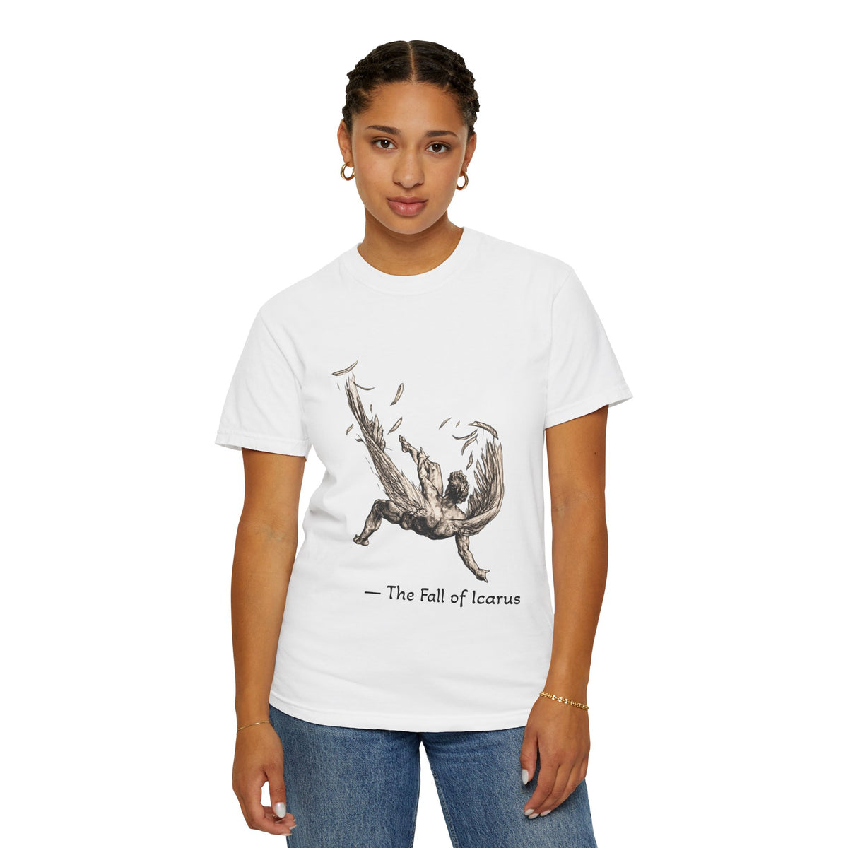 Fall of Icarus Greek mythology T-shirt with a falling winged figure on a garment-dyed unisex T-shirt, product view