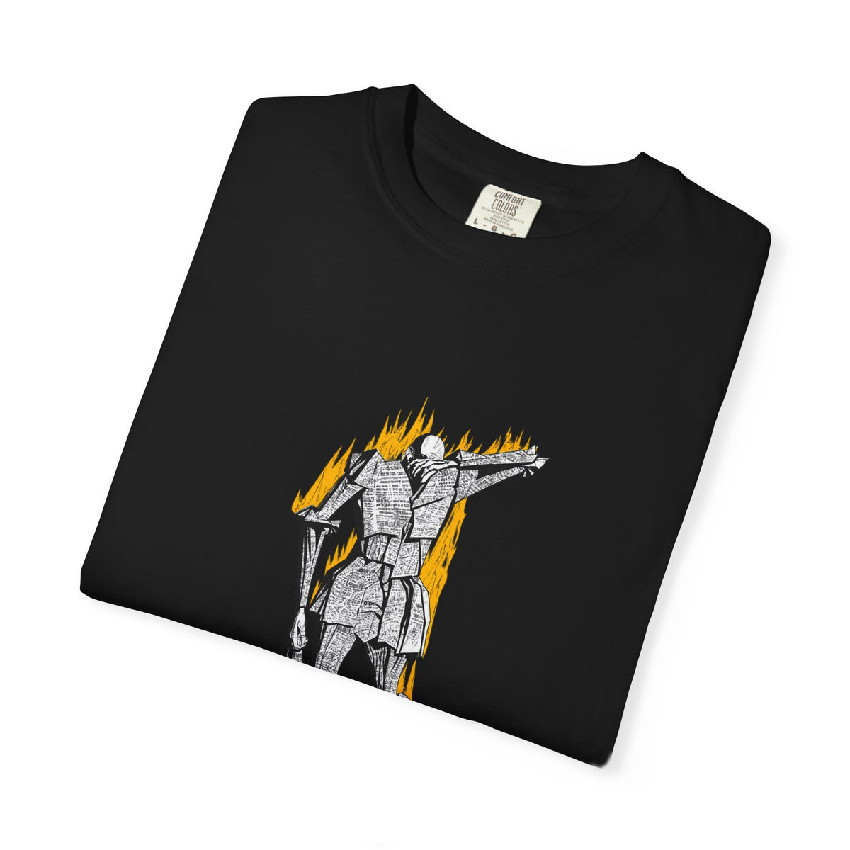 Fahrenheit 451 literary T-shirt with burning pages and “The Ashes Were Once Words” design on a garment-dyed unisex T-shirt, product view