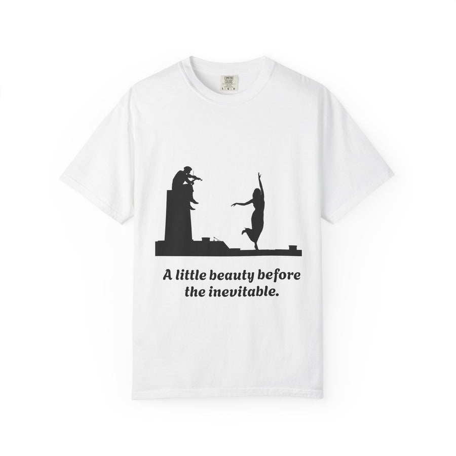 Vintage violin graphic T-shirt showing a violinist, dancing figure and “A Little Beauty Before the Inevitable” on a garment-dyed unisex T-shirt, product view