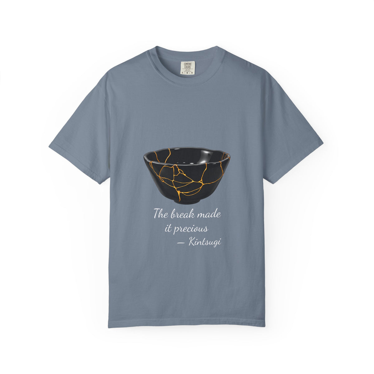 Kintsugi 'The break made it precious' T-shirt in Blue Jean, garment-dyed unisex tee
