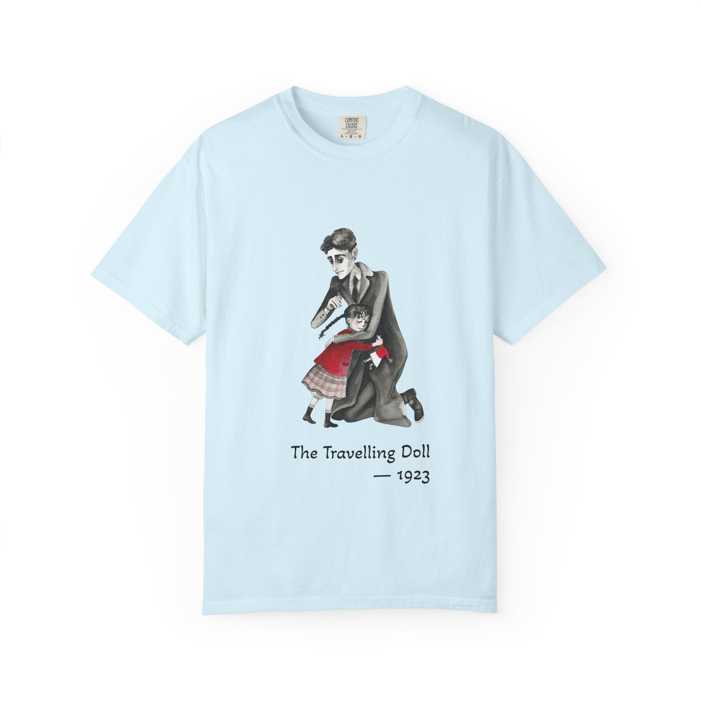 Kafka and the Travelling Doll literary T-shirt with a vintage storyteller illustration on a garment-dyed unisex T-shirt, product view