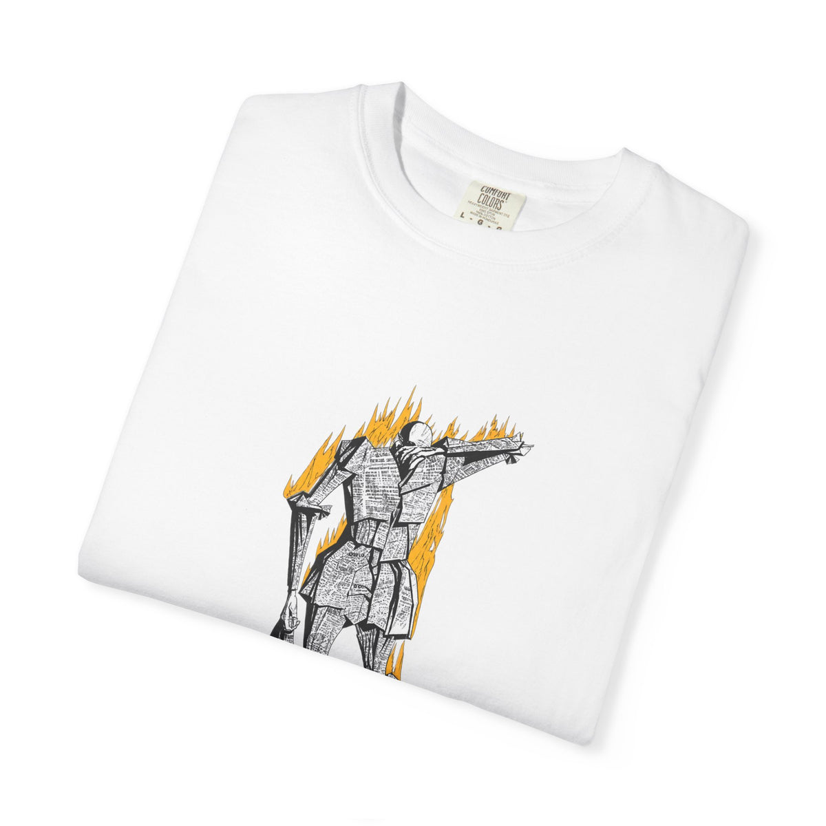 Fahrenheit 451 literary T-shirt with burning pages and “The Ashes Were Once Words” design on a garment-dyed unisex T-shirt, product view