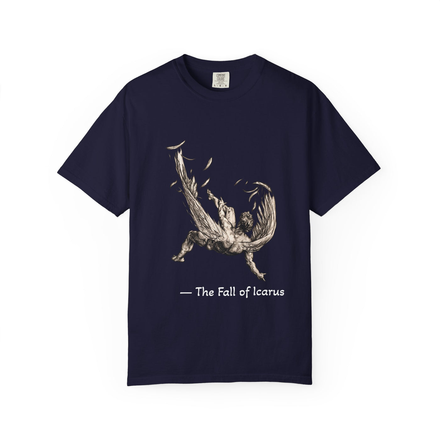 Fall of Icarus Greek mythology T-shirt with a falling winged figure on a garment-dyed unisex T-shirt, product view