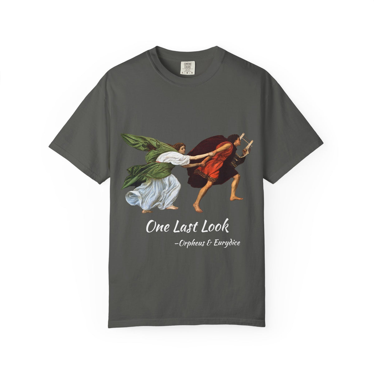 Orpheus and Eurydice mythology T-shirt with “One Last Look” classical illustration on a garment-dyed unisex T-shirt, product view