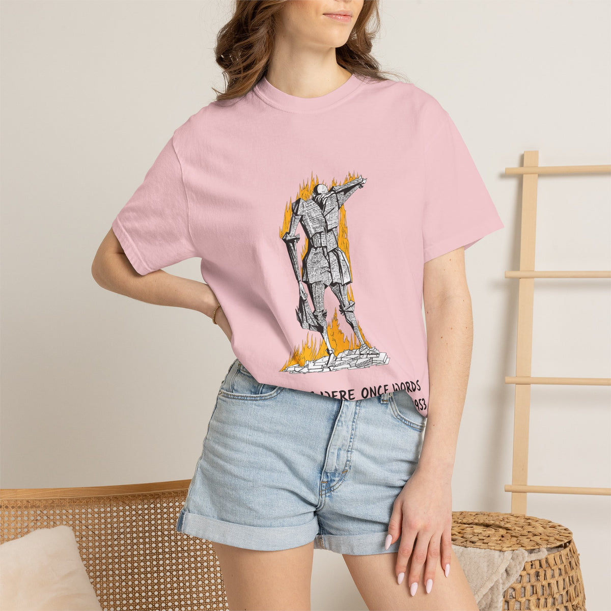 Fahrenheit 451 literary T-shirt with burning pages and “The Ashes Were Once Words” design on a garment-dyed unisex T-shirt, product view
