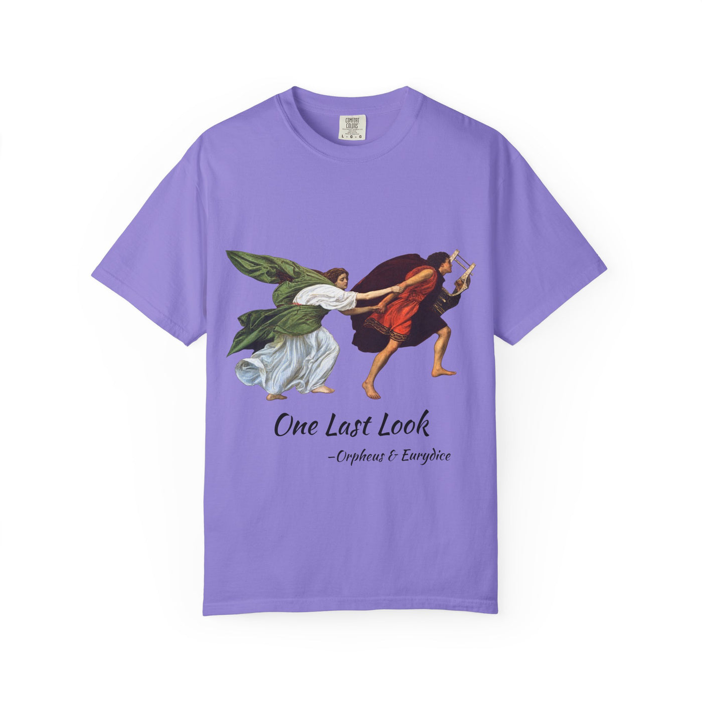 Orpheus and Eurydice mythology T-shirt with “One Last Look” classical illustration on a garment-dyed unisex T-shirt, product view