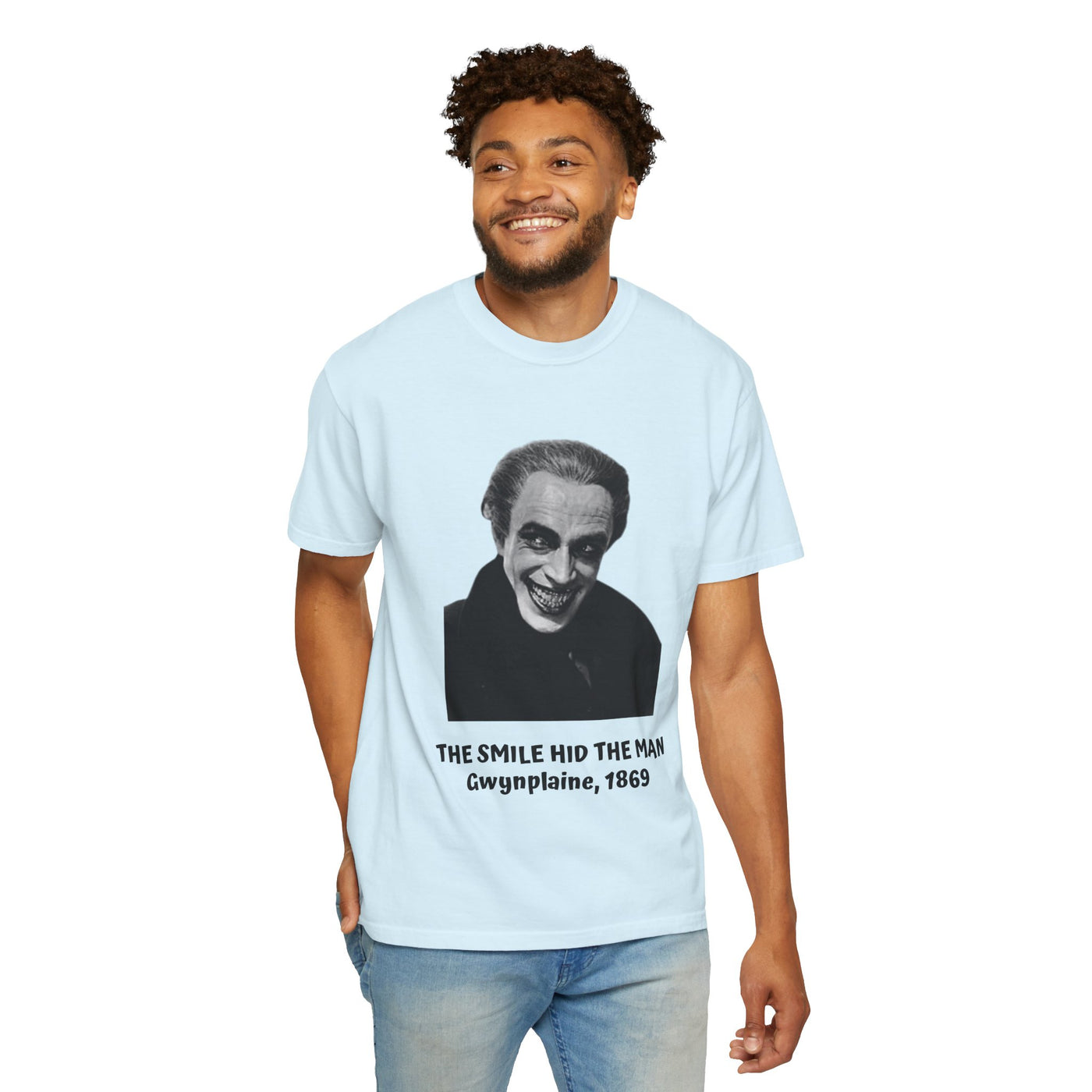 The Man Who Laughs literary T-shirt with Gwynplaine portrait and “The Smile Hid the Man” on a garment-dyed unisex T-shirt, product view