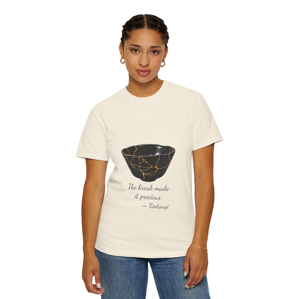 Kintsugi 'The break made it precious' T-shirt in Ivory on a model