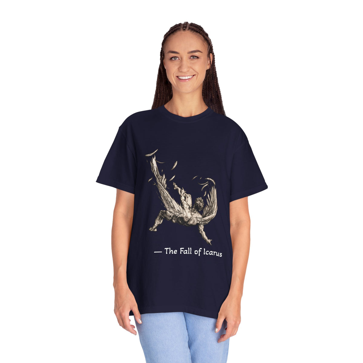 Fall of Icarus Greek mythology T-shirt in Ivory, worn on a Mediterranean street at golden hour — falling winged figure