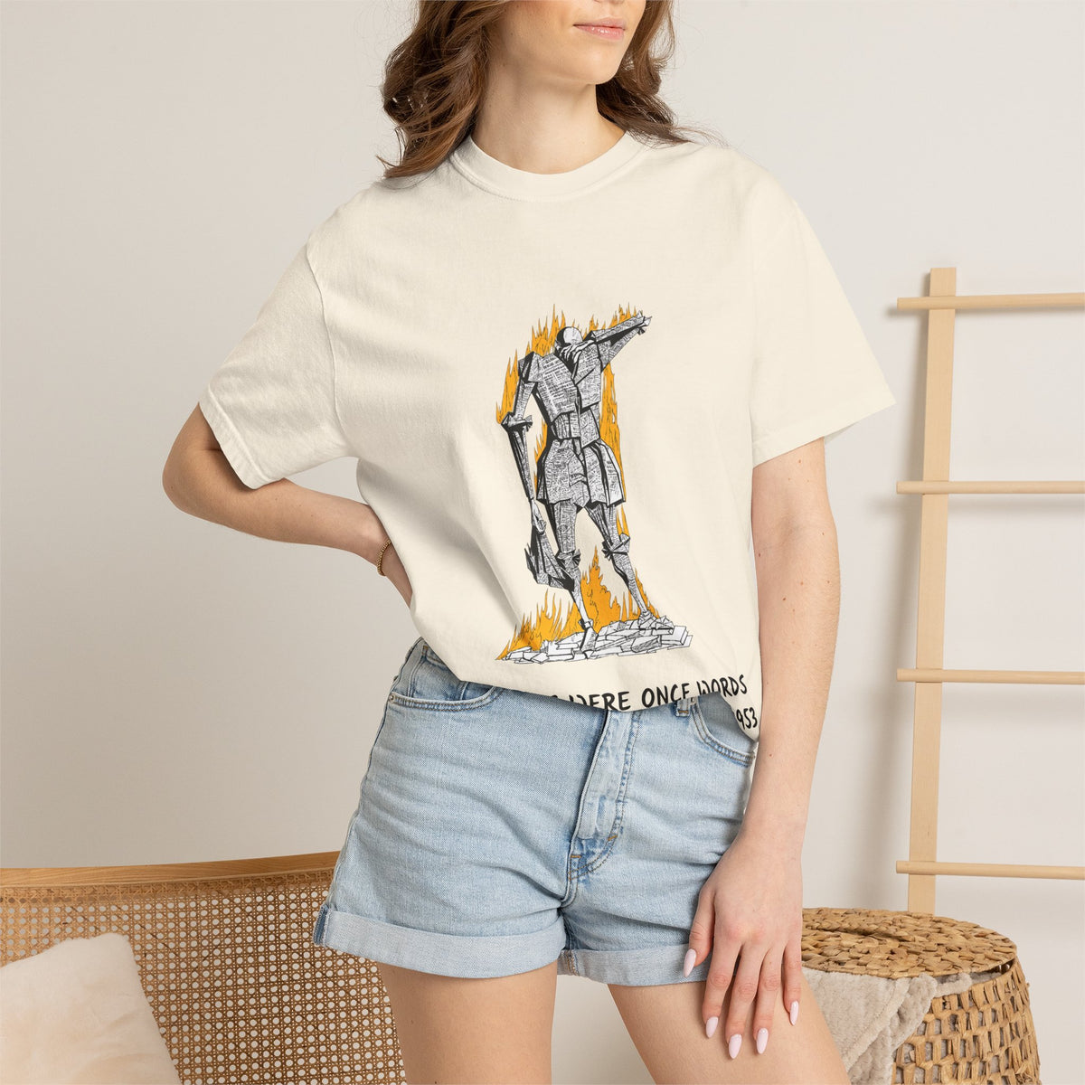 Fahrenheit 451 literary T-shirt with burning pages and “The Ashes Were Once Words” design on a garment-dyed unisex T-shirt, product view