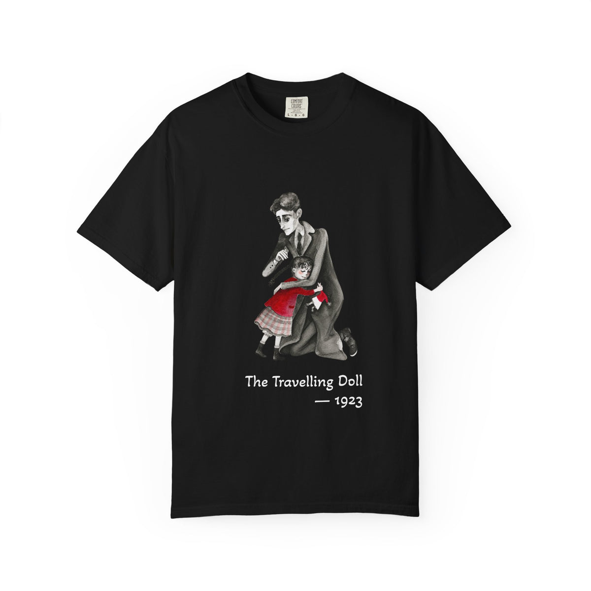 Kafka and the Travelling Doll literary T-shirt with a vintage storyteller illustration on a garment-dyed unisex T-shirt, product view