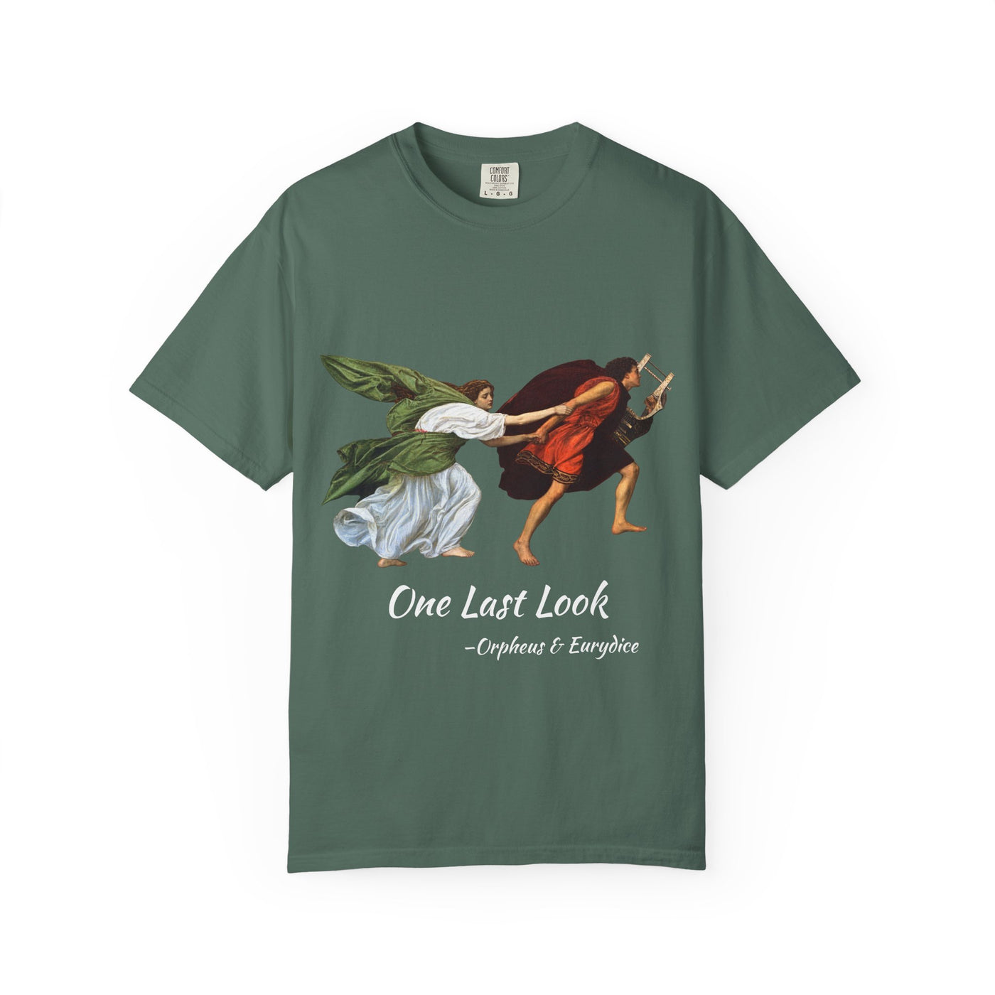 Orpheus and Eurydice mythology T-shirt with “One Last Look” classical illustration on a garment-dyed unisex T-shirt, product view