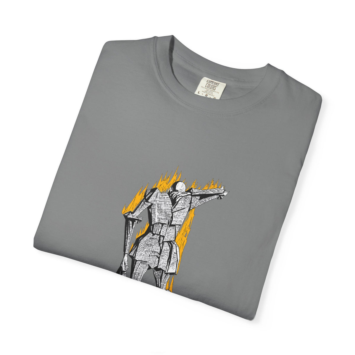 Fahrenheit 451 literary T-shirt with burning pages and “The Ashes Were Once Words” design on a garment-dyed unisex T-shirt, product view