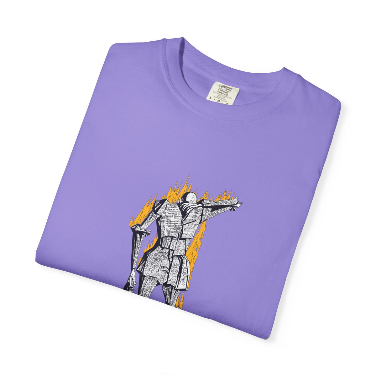 Fahrenheit 451 literary T-shirt with burning pages and “The Ashes Were Once Words” design on a garment-dyed unisex T-shirt, product view