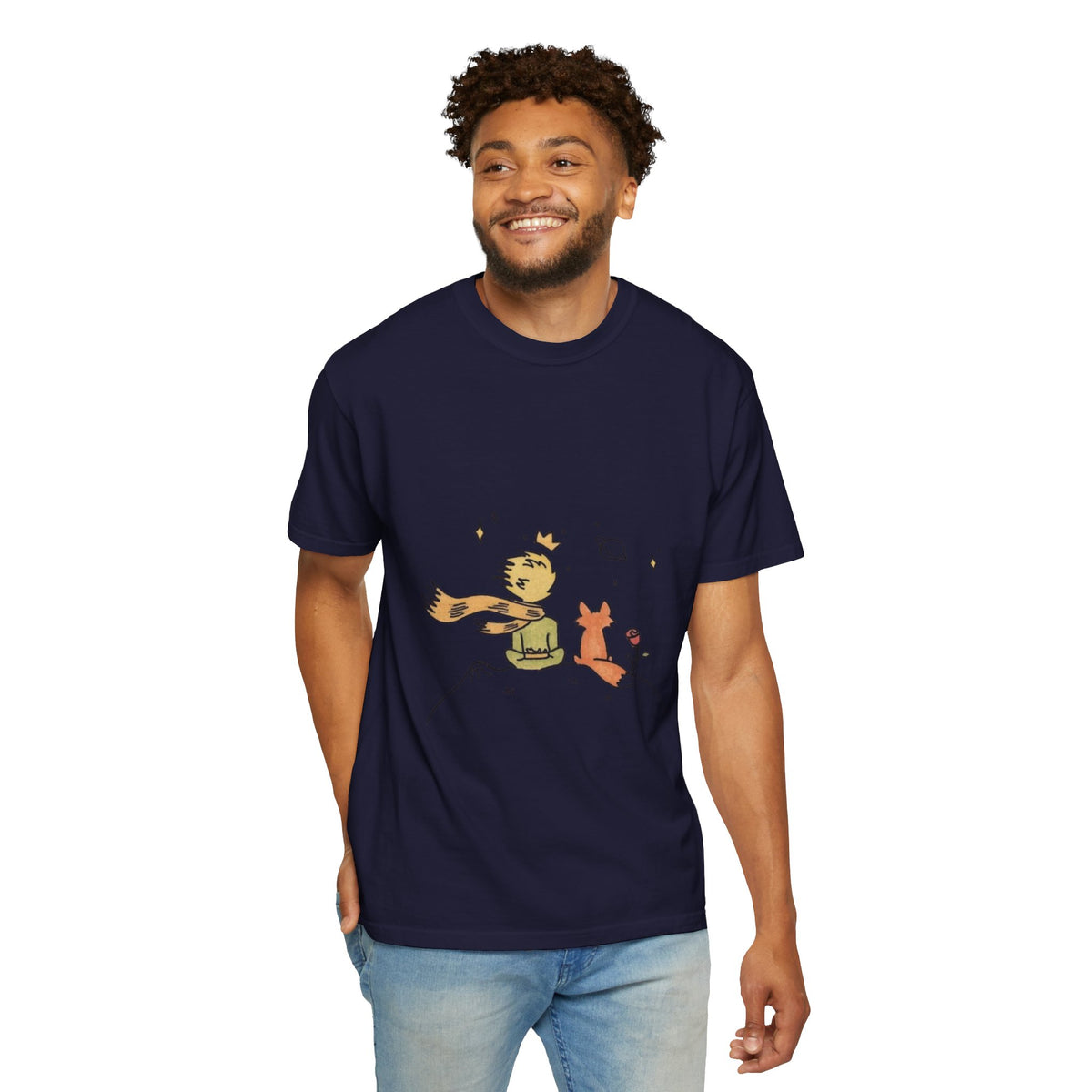 The Little Prince and the Fox T-shirt in True Navy on a model