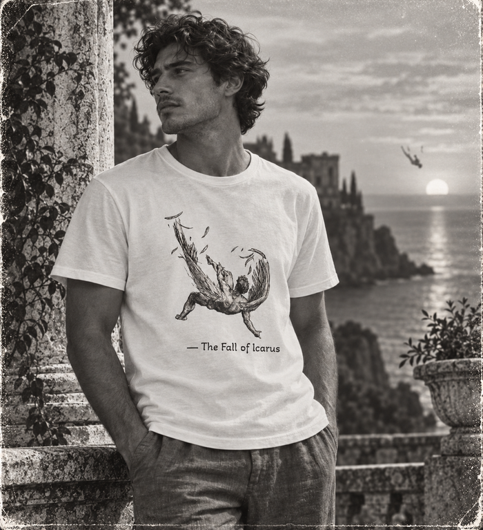 Fall of Icarus Greek mythology T-shirt with a falling winged figure