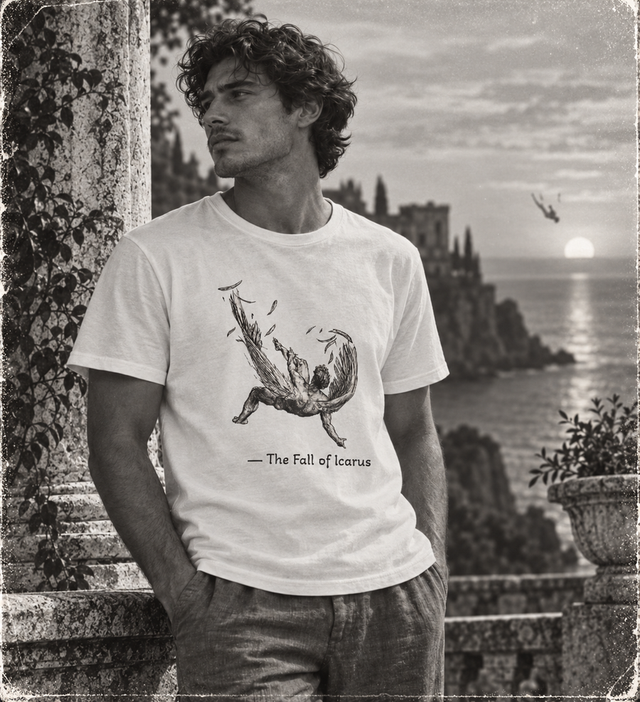 Fall of Icarus Greek mythology T-shirt with a falling winged figure