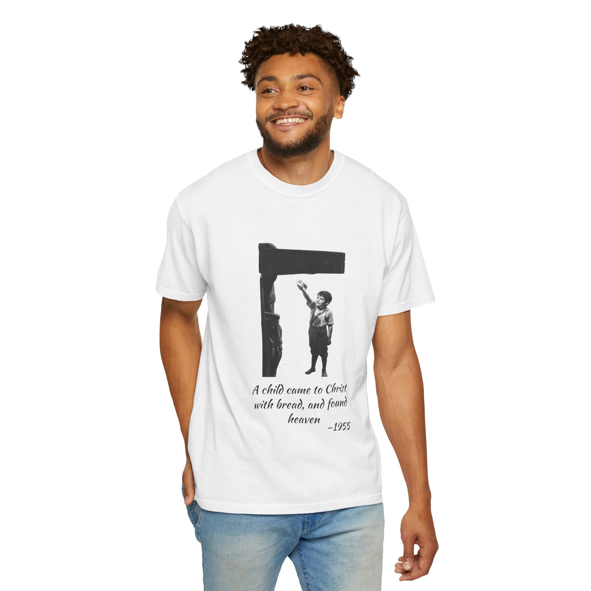Marcelino Bread and Wine T-shirt in White on a model, front view